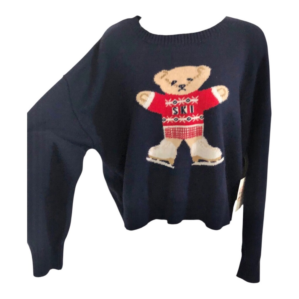 Dark Navy blue brown teddy bear Ski printed long‎ sleeve sweater size large new